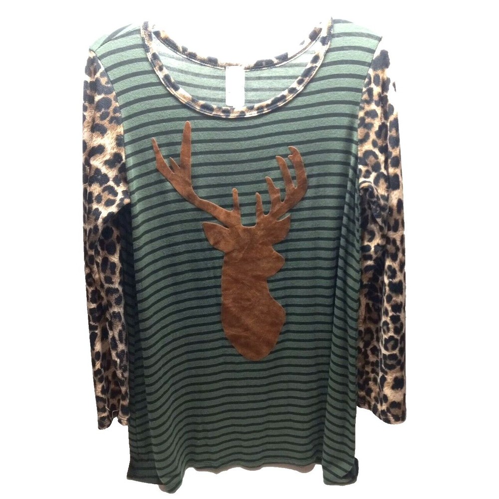 Women's Lilypad Medium Suede Reindeer Long Sleeve T Shirt Leopard Stripes Green